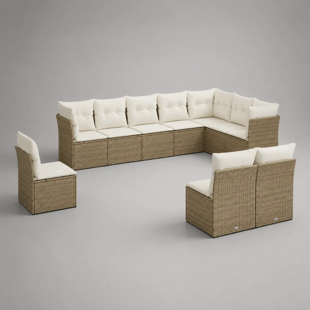 Set divano modulare da esterno a L, 9 posti, in rattan PE e acciaio, tortora e bianco crema, 300 × 225 × 74 cm