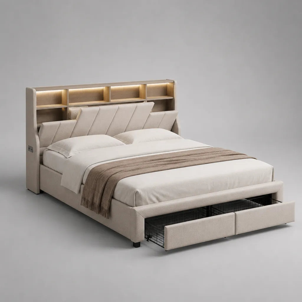 Letto matrimoniale contenitore 160 x 200 cm in tessuto beige con 2 cassetti, testiera con mensole e LED, 170 x 220 x 120 cm