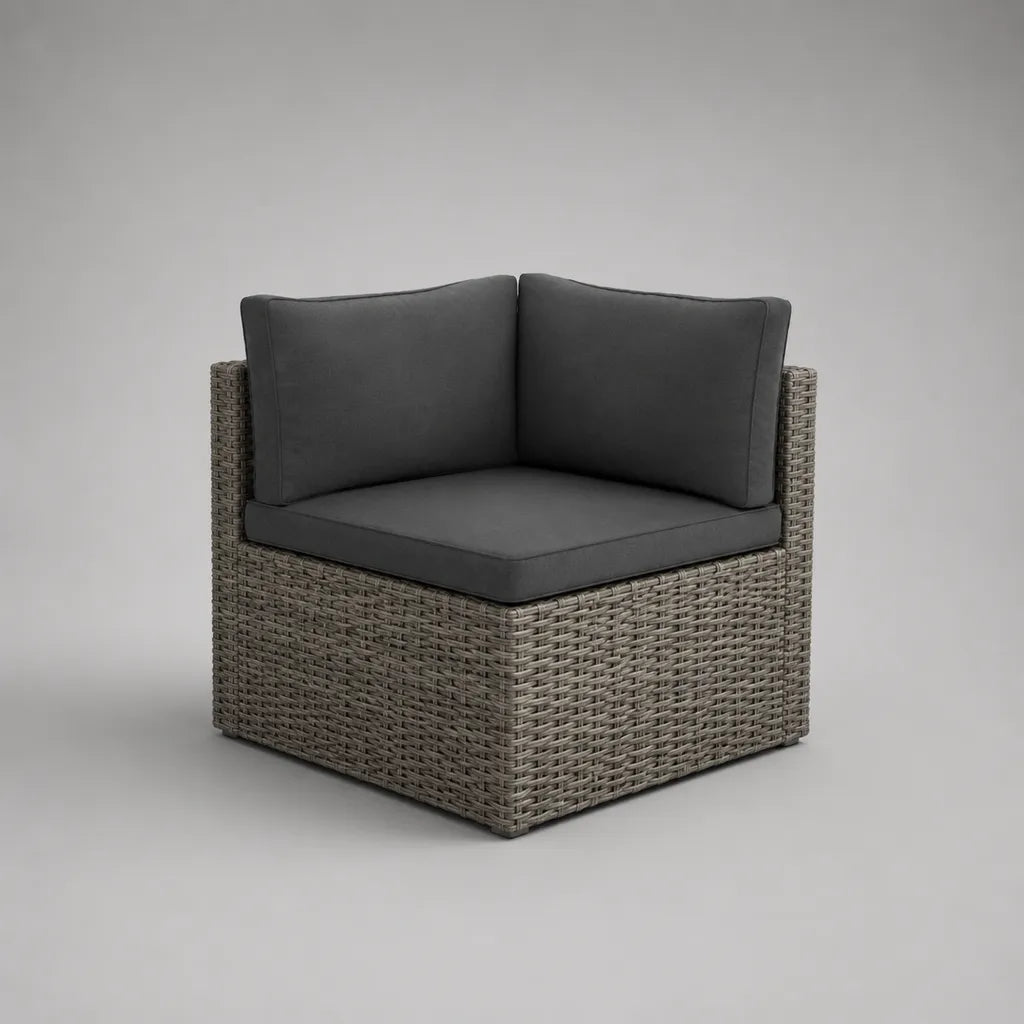 Modulo angolare da giardino a 1 posto in rattan PE grigio con cuscini antracite, 73 × 73 × 65 cm