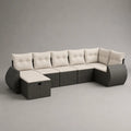 Divano angolare modulare da esterno a 6 posti in polyrattan con penisola e contenitore, grigio antracite e crema, 390 × 150 × 74 cm