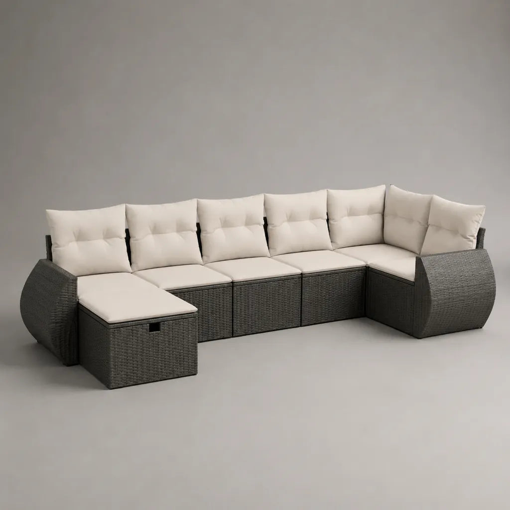 Divano angolare modulare da esterno a 6 posti in polyrattan con penisola e contenitore, grigio antracite e crema, 390 × 150 × 74 cm