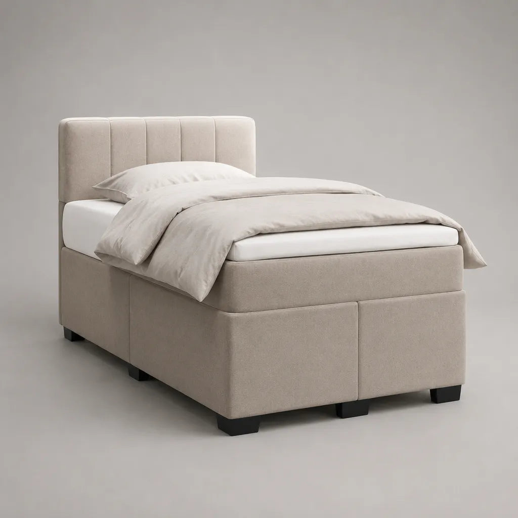 Letto matrimoniale alla francese beige in tessuto con materasso 140 x 200 cm e testiera imbottita