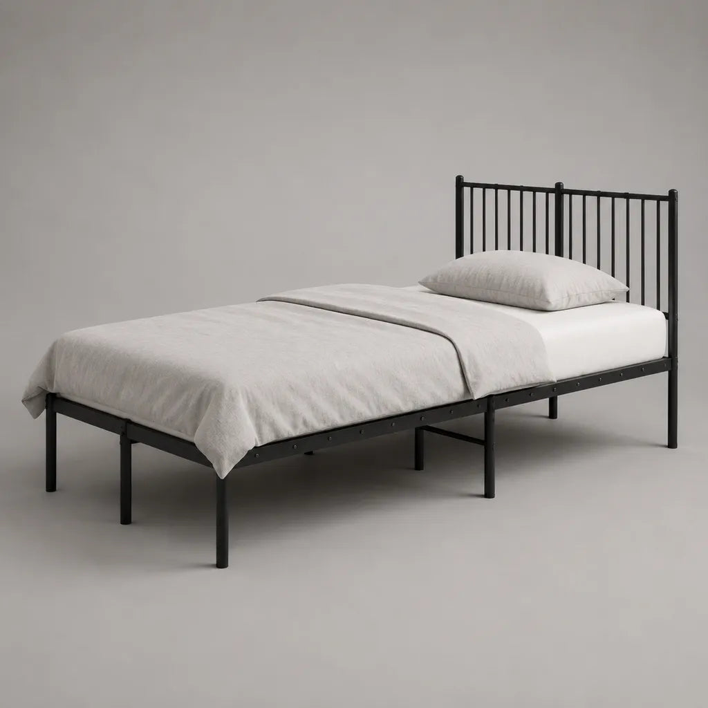Letto una piazza e mezza in acciaio nero con rete e testiera a barre, 145 x 205 x 100 cm, per materasso 140 x 200 cm