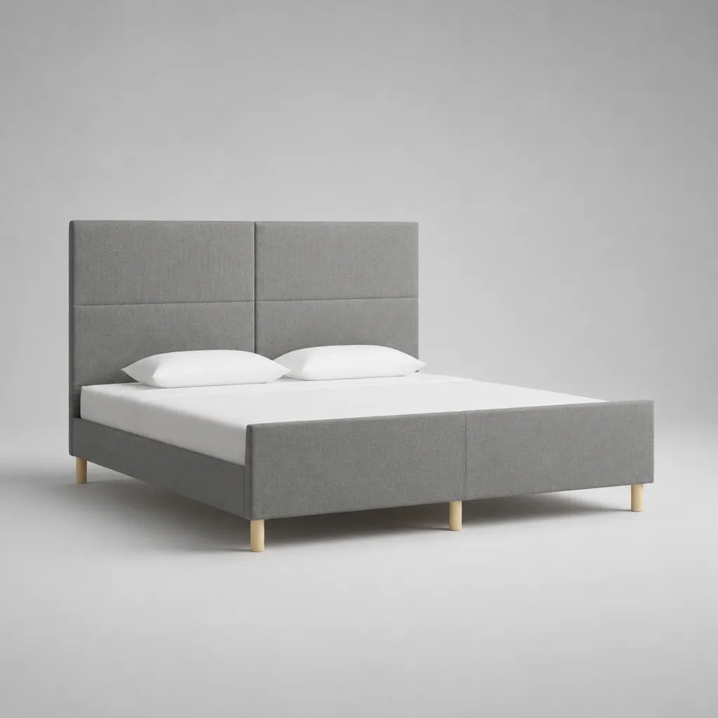 Letto matrimoniale imbottito in poliestere grigio con testiera a pannelli, 168 x 215 x 110 cm, per materasso 160 x 200 cm
