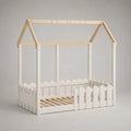 Letto a casetta per bambini in legno con rete a doghe e barriera, 198 x 98 x 170 cm, piano letto 90 x 190 cm, bianco e naturale
