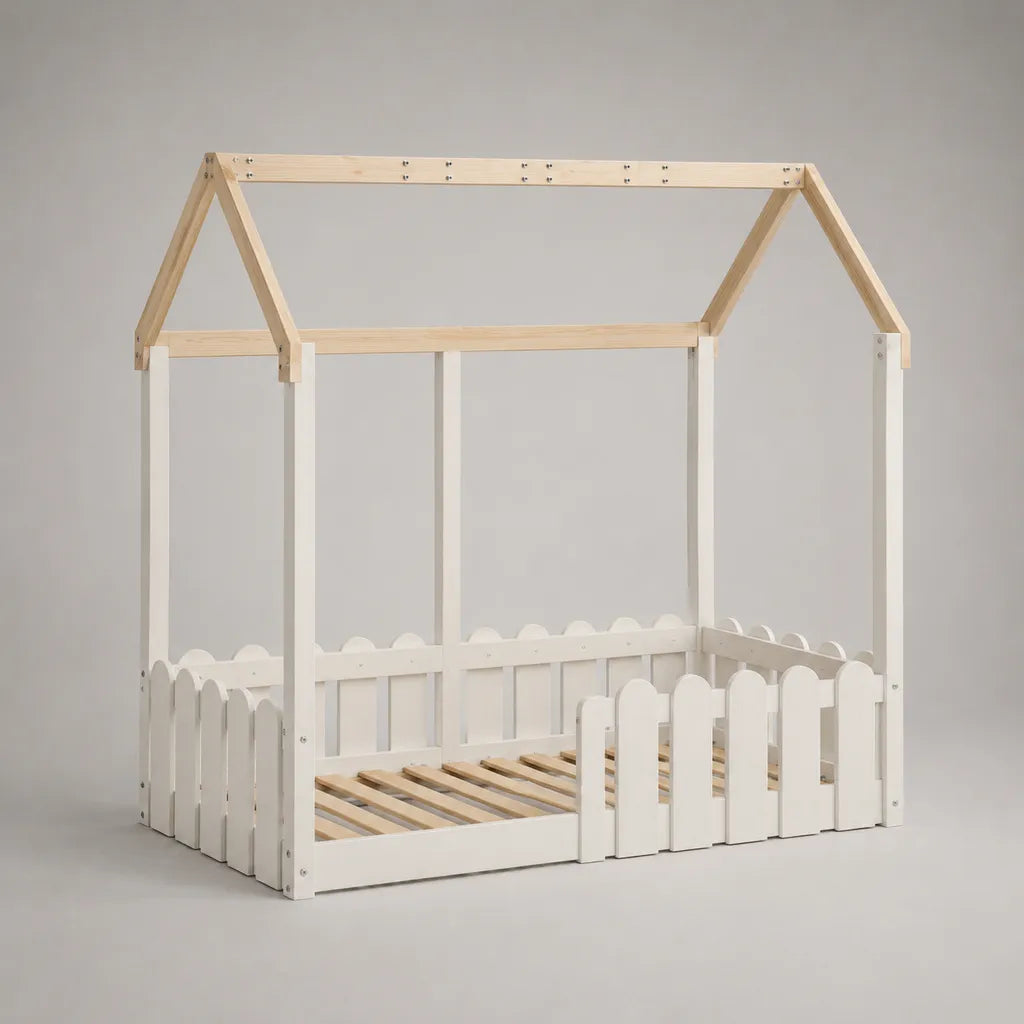 Letto a casetta per bambini in legno con rete a doghe e barriera, 198 x 98 x 170 cm, piano letto 90 x 190 cm, bianco e naturale
