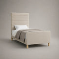Letto singolo imbottito in poliestere beige, rete 90 x 200 cm, dimensioni 105 x 215 x 150 cm, testiera alta rettangolare