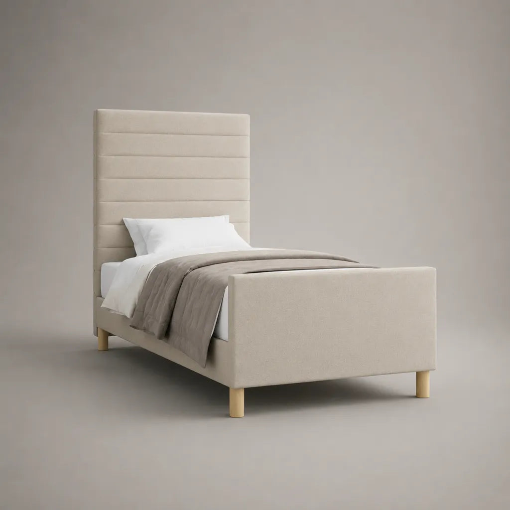 Letto singolo imbottito in poliestere beige, rete 90 x 200 cm, dimensioni 105 x 215 x 150 cm, testiera alta rettangolare