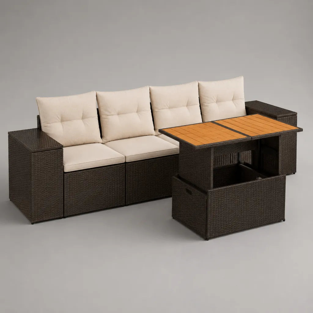Set da giardino con divano a 4 posti e tavolo rettangolare elevabile in rattan PE marrone, cuscini beige, divano 230 × 75 × 84 cm, tavolo 120 × 65 × 45-68 cm