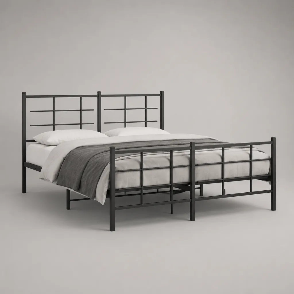 Letto matrimoniale in acciaio nero per materasso 160 × 200 cm, dimensioni 168 × 208 × 110 cm