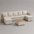 Set divano modulare da esterno a U 6 pezzi, 5 posti con tavolino, legno e tessuto beige, 330 x 165 x 82 cm