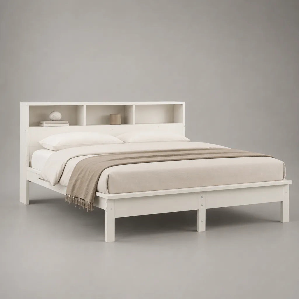 Letto matrimoniale 160 x 200 cm in pino e MDF bianco con testiera libreria e rete a doghe