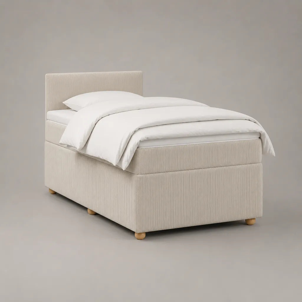 Letto singolo imbottito in velluto a coste crema 90 x 200 cm con testiera e giroletto