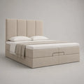 Letto matrimoniale imbottito beige 180 x 200 cm con testiera a pannelli, materasso e sovramaterasso