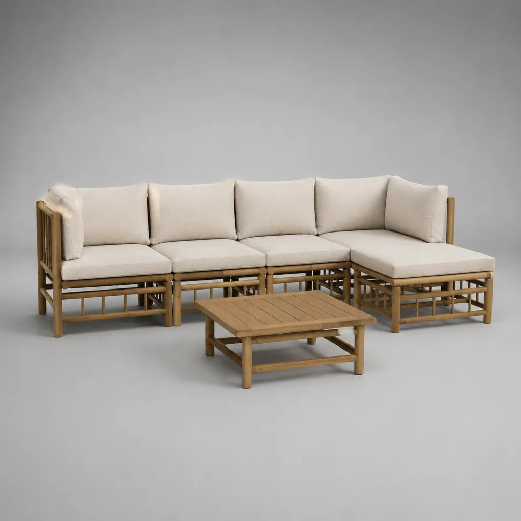 Set divano angolare modulare da esterno in legno, 5 pezzi con tavolino e cuscini beige, 260 × 150 × 75 cm