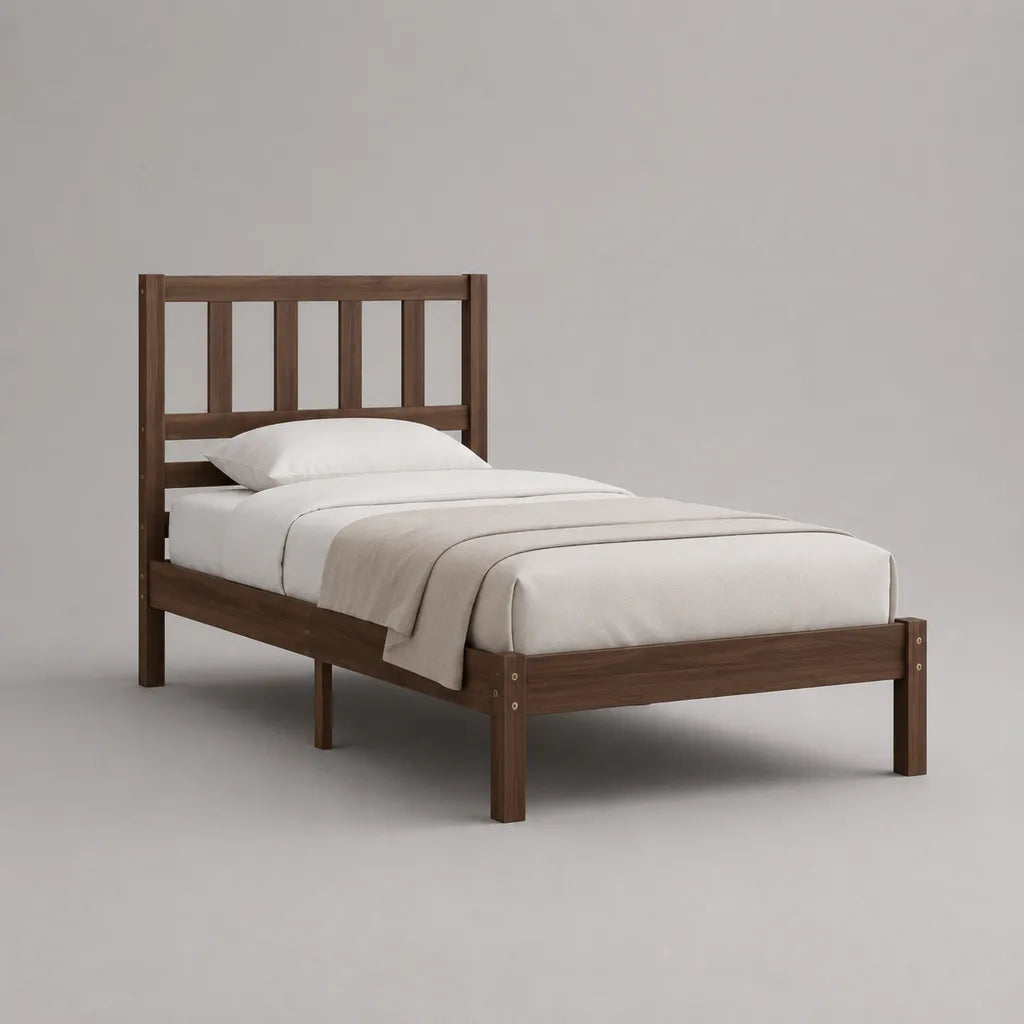 Letto singolo 90 x 190 cm in legno massello di pino con rete a doghe, marrone noce