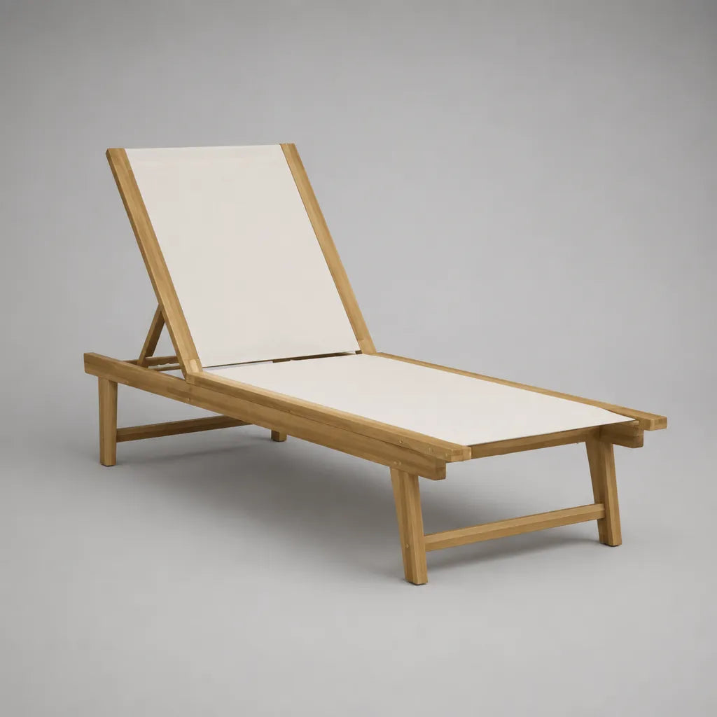 Lettino prendisole reclinabile rettangolare in legno con rete in poliestere e PVC, naturale e bianco crema, 200 × 65 × 35 cm