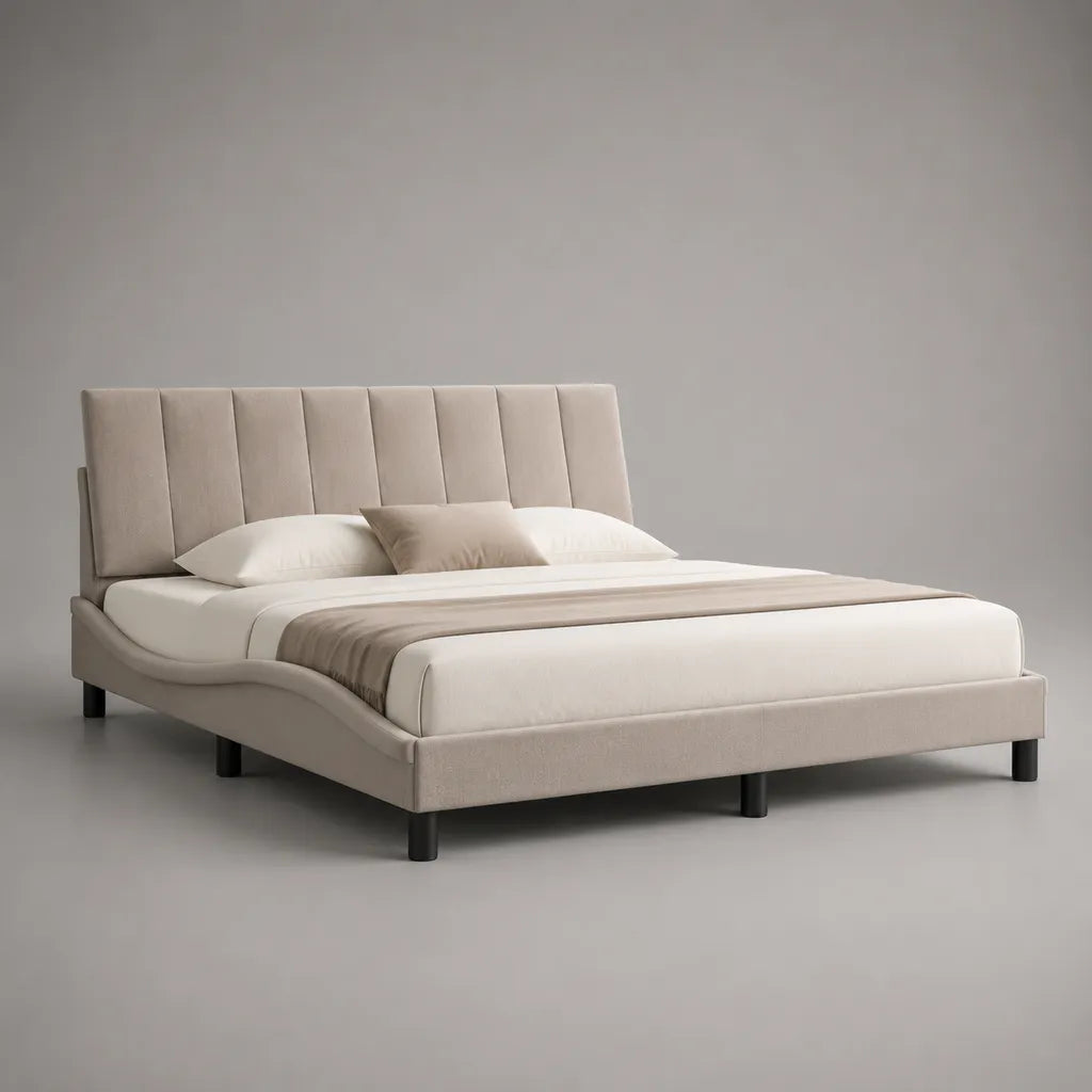 Letto matrimoniale imbottito 160 x 200 cm in velluto di poliestere beige con testiera a pannelli verticali