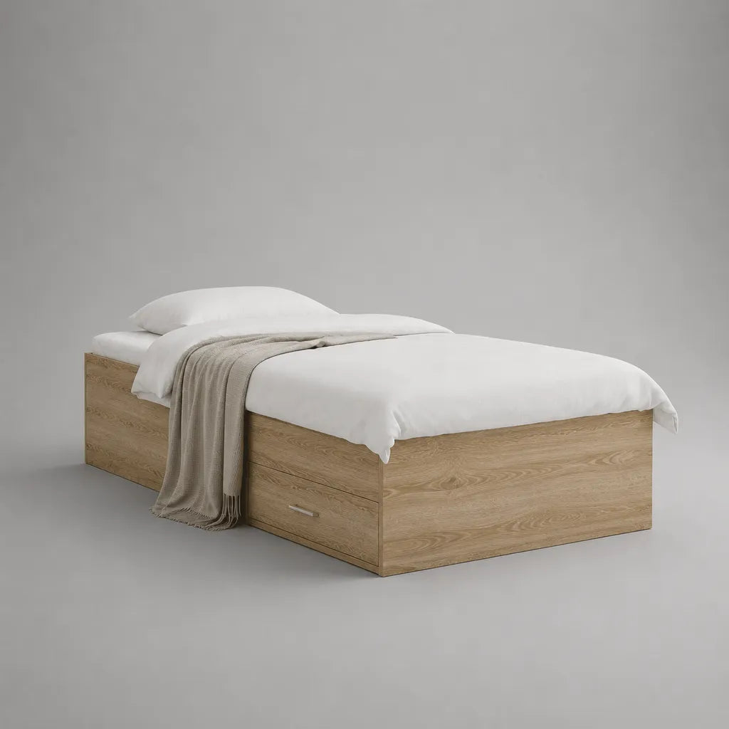 Letto matrimoniale in legno con cassetto laterale, rovere naturale, per materasso 140 x 200 cm, dimensioni 204 x 145 x 60 cm
