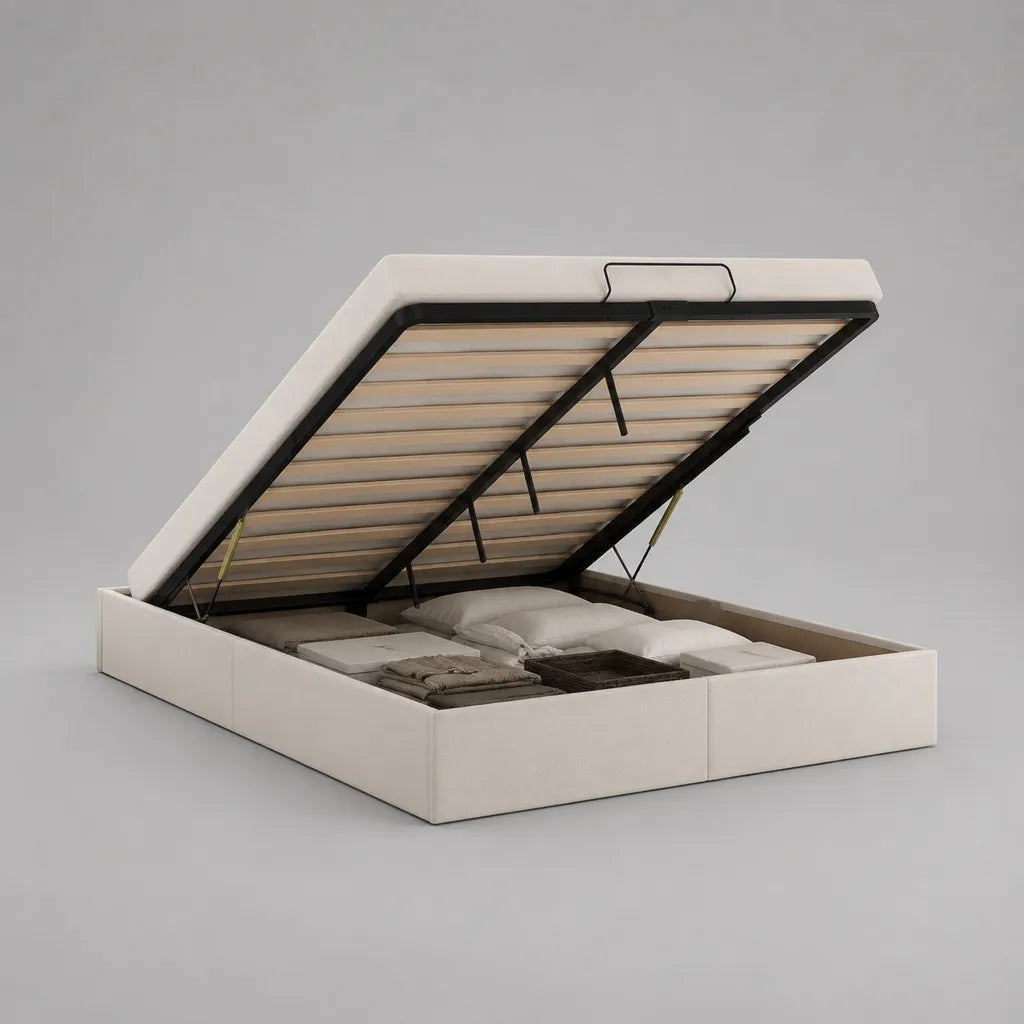 Letto matrimoniale contenitore imbottito in pelle sintetica beige e metallo nero 160 x 200 cm con rete a doghe